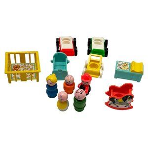 Vintage Fisher-Price Doll House Furniture Lot 12 Baby Nursery Cars People 1972
